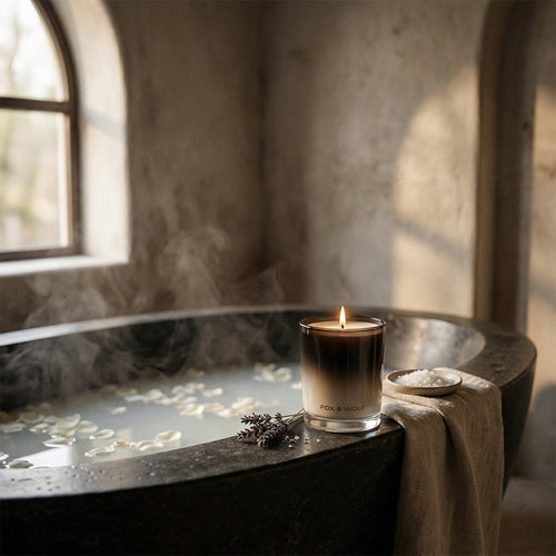 Lit FOX & WOLF luxury candle in a calm evening setting with soft lighting and warm atmosphere