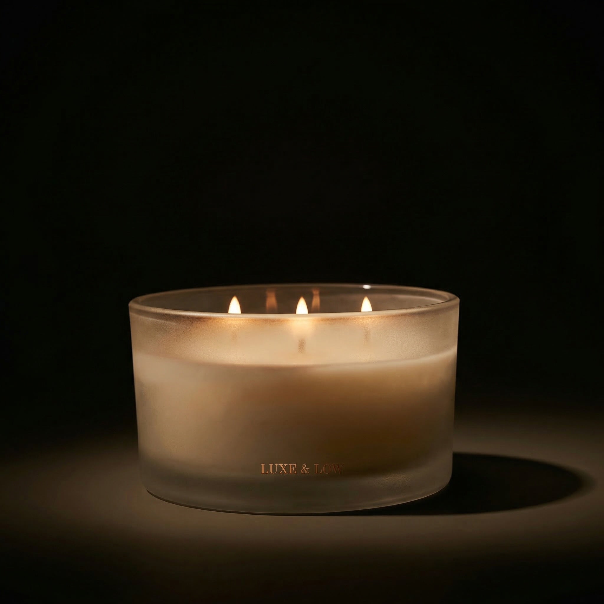 Custom white label luxury candle in frosted glass with multi-wick design, hand-poured by FOX and WOLF in Spain
